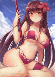 Rule 34 | 1girl, bikini, blue sky, blush, bracelet, breasts, bridal garter, cleavage, cloud, cloudy sky, collarbone, day, fate/grand order, fate (series), flower, gae bolg (fate), hair flower, hair intakes, hair ornament, hibiscus, highres, jewelry, large breasts, long hair, looking at viewer, motokonut, navel, partially submerged, pink bikini, purple bikini, purple hair, red eyes, scathach (fate), scathach (fate/grand order), scathach (swimsuit assassin) (fate), sky, smile, solo, swimsuit, thigh strap, thighs, underboob, water