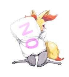 Rule 34 | 1girl, animal ear fluff, animal ears, animal feet, animal nose, averting eyes, black fur, blush, body fur, braixen, creatures (company), embarrassed, english text, female focus, fox ears, fox girl, fox tail, furry, furry female, game freak, gen 6 pokemon, gu deulmok, half-closed eyes, hands up, highres, holding, holding pillow, looking to the side, nintendo, nose blush, pillow, pokemon, pokemon (creature), red eyes, shiny skin, sitting, snout, solo, sweat, tail, tsundere, white fur, yellow fur, yes-no pillow