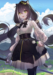 Rule 34 | 1girl, alternate costume, animal ear fluff, animal ears, bad id, bad pixiv id, black hair, black headwear, black pantyhose, black skirt, blouse, blush, breasts, cat ears, cat girl, cat tail, cloud, commentary request, day, flower, green eyes, hair between eyes, highres, holding, holding flower, holding weapon, karyl (princess connect!), large breasts, lolita fashion, long hair, long sleeves, looking at viewer, low twintails, luomo, multicolored hair, open mouth, outdoors, pantyhose, princess connect!, shirt, skirt, sleeves past wrists, smile, solo, streaked hair, tail, twintails, very long hair, weapon, white hair, white shirt