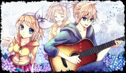 Rule 34 | 1boy, 1girl, acoustic guitar, blonde hair, blue eyes, brother and sister, flower, guitar, hair ribbon, hiromi, hiromi (pico milk), hydrangea, instrument, kagamine len, kagamine rin, crossed legs, musical note, open mouth, ribbon, short hair, siblings, sitting, twins, vocaloid
