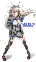 Rule 34 | 1girl, absurdres, asymmetrical bangs, between breasts, black thighhighs, blonde hair, blue dress, blue eyes, blue necktie, braid, breasts, capelet, character name, closed mouth, dress, floating hair, garter straps, gloves, grey capelet, grey dress, grey gloves, hand on own hip, headgear, highres, kantai collection, large breasts, long hair, long sleeves, looking at viewer, maryland (kancolle), military, military uniform, necktie, necktie between breasts, r31harutan, rudder footwear, short dress, smile, solo, thighhighs, two-tone dress, uniform, white background