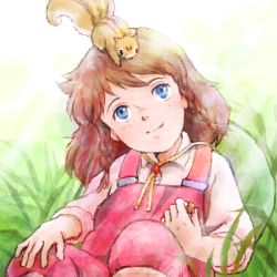 Rule 34 | 1980s (style), 1girl, ai shoujo pollyanna monogatari, blue eyes, braid, brown hair, child, freckles, looking up, lowres, nippon animation, retro artstyle, on head, pollyanna whittier, retro artstyle, sakai yume, solo, squirrel, twin braids, world masterpiece theater
