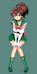 Rule 34 | 10s, 1girl, bad id, bad twitter id, bishoujo senshi sailor moon, boots, bow, bowtie, breasts, brooch, brown background, brown eyes, brown hair, choker, cleavage, commentary, cosplay, cross-laced footwear, elbow gloves, full body, girls und panzer, gloves, green choker, green footwear, green sailor collar, green skirt, hair bobbles, hair ornament, hands on own knees, high heel boots, high heels, highres, invisible chair, jewelry, koyama yuzu, lace-up boots, looking at viewer, medium breasts, miniskirt, nakasone haiji, parted lips, pink bow, pink bowtie, pleated skirt, ponytail, sailor collar, sailor jupiter, sailor jupiter (cosplay), sailor senshi uniform, short hair, short ponytail, short sleeves, simple background, sitting, skirt, solo, tiara, v arms, white gloves