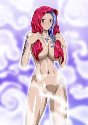 Rule 34 | 1girl, blue hair, blush, breasts, convenient censoring, female focus, gluteal fold, large breasts, long hair, looking at viewer, naked towel, navel, nel-zel formula, nojiko, nude, one piece, standing, steam, steam censor, tattoo, towel, towel on head, towel over breasts, wet
