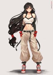 Rule 34 | 1girl, absurdres, alternate costume, baggy pants, belt, black hair, commentary, detached sleeves, earrings, english commentary, final fantasy, final fantasy vii, final fantasy vii remake, fingerless gloves, gloves, highres, hoop earrings, jewelry, long hair, meisaki, midriff, pants, red eyes, red gloves, shadow, shoes, sneakers, solo, tifa lockhart, very long hair, white background