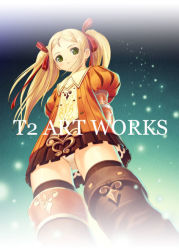 Rule 34 | 1girl, armor, armored dress, blonde hair, blouse, boots, flat chest, foreshortening, from below, gauntlets, green eyes, hair ribbon, light particles, looking at viewer, miniskirt, orange shirt, panties, pantyshot, puff and slash sleeves, puffy sleeves, radiata stories, red ribbon, ribbon, ridley timberlake, shirt, skirt, solo, standing, thigh boots, thighhighs, tony taka, twintails, underwear, upskirt, white panties