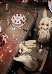 Rule 34 | 2girls, absurdres, cake, candle, child, colored eyelashes, dress, eating, food, food on face, from above, fruit, highres, knife, low twintails, medium hair, messy, multiple girls, original, plate, pomegranate, rabbit ears, red eyes, shirokujira, short twintails, spoon, strawberry, table, twintails, white dress, white hair