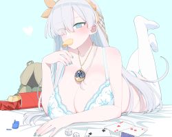Rule 34 | 1girl, absurdres, akitokage, alternate breast size, anastasia (fate), blue bra, blue eyes, blue nails, blue panties, bra, breasts, card, chips (food), fate/grand order, fate (series), feet up, food, hair over one eye, hairband, highres, huge breasts, jewelry, legs up, lying, nail polish, necklace, on stomach, panties, playing card, potato chips, silver hair, the pose, thighhighs, underwear, underwear only, white thighhighs, yellow hairband