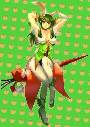 Rule 34 | 1girl, absurdres, aduti momoyama, animal ears, armpits, arms up, blush, breasts, carrot, cleavage, coattails, easter egg, egg, egg print, fire emblem, fire emblem: mystery of the emblem, fire emblem heroes, flower, full body, gloves, green eyes, green footwear, green hair, hair flower, hair ornament, highres, large breasts, leotard, long hair, looking at viewer, nintendo, official alternate costume, palla (fire emblem), playboy bunny, rabbit ears, rabbit tail, see-through, sitting, skin tight, smile, solo, tail