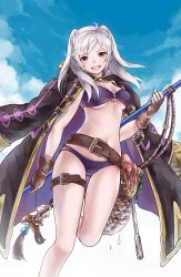 Rule 34 | 1girl, aya (8819062), belt, bikini, bikini under clothes, braid, breasts, brown eyes, cleavage, cloud, cloudy sky, day, fire emblem, fire emblem awakening, fire emblem heroes, gloves, highres, jacket, jacket on shoulders, looking at viewer, medium breasts, navel, net, nintendo, o-ring, o-ring bikini, o-ring top, octopus, open mouth, painttool sai, polearm, robe, robin (female) (fire emblem), robin (fire emblem), seaweed, short hair, silver hair, sky, solo, starfish, swimsuit, thigh strap, twintails, weapon