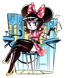 Rule 34 | 1girl, absurdres, animal ears, animal nose, belt, black eyes, black gloves, black thighhighs, bow, breasts, button nose, cigarette, cocktail glass, colored skin, commentary, crossed legs, cup, disney, dress, drinking glass, english commentary, gloves, hair bow, high heels, highres, holding, holding cigarette, long legs, minnie mouse, minnie mouse ears, mouse ears, pac-man eyes, peargor, polka dot, polka dot bow, polka dot dress, puffy short sleeves, puffy sleeves, red dress, short sleeves, small breasts, smoking, solo, thighhighs, thighs, white skin, yellow footwear