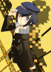Rule 34 | 1girl, androgynous, atlus, black hair, blue eyes, female focus, hat, highres, nagy, open clothes, persona, persona 4, reverse trap, shirogane naoto, short hair, solo