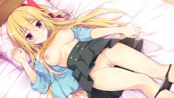 Rule 34 | 1girl, bed, black panties, black skirt, blonde hair, blue jacket, bow, breasts, breasts apart, closed mouth, clothes lift, female focus, fuyuichi monme, game cg, hair bow, high-waist skirt, highres, indoors, jacket, long hair, lying, official art, on back, open clothes, open jacket, orange shirt, panties, panty pull, pussy, pussy juice, red bow, red eyes, ren&#039;ai karichaimashita, segawa emi, shirt, shirt lift, skirt, skirt lift, solo, uncensored, underwear