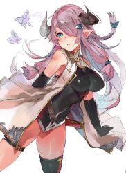Rule 34 | 10s, 1girl, bad id, bad twitter id, bare shoulders, bodysuit, draph, elbow gloves, gloves, granblue fantasy, green eyes, hair over one eye, highres, horns, light purple hair, long hair, narmaya (granblue fantasy), one eye covered, pointy ears, simple background, solo, unkq, white background
