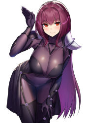 Rule 34 | 1girl, armor, blush, bodysuit, breasts, cleavage, commentary request, fate/grand order, fate (series), impossible bodysuit, impossible clothes, large breasts, leaning forward, long hair, looking at viewer, muunyan (yumenekoya), pauldrons, purple bodysuit, purple hair, rabbit pose, red eyes, scathach (fate), shoulder armor, sidelocks, simple background, skirt, smile, solo, white background