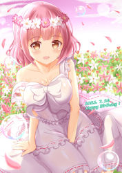 Rule 34 | 1girl, :d, blush, brown eyes, commentary request, dated, dress, flower, flower wreath, frilled dress, frills, happy birthday, head wreath, highres, hoshizaki akari, looking at viewer, ongeki, open mouth, petals, pink flower, pink hair, sitting, sleeveless, sleeveless dress, smile, solo, strap slip, white flower, xenon (for achieve)