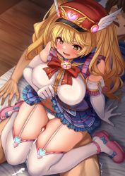 Rule 34 | 1girl, absurdres, bandaid, bandaid on face, between legs, between thighs, blonde hair, blush, breasts, cygames, gran (granblue fantasy), granblue fantasy, hat, hetero, highres, large breasts, long hair, looking at viewer, momo no sukebe, monika weisswind, open mouth, panties, peaked cap, penis, pleated skirt, princess connect!, shingeki no bahamut, skirt, thigh sex, thigh strap, thighhighs, thighs, twintails, underwear, wavy hair