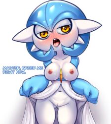 Rule 34 | 1girl, absurdres, alternate color, blue hair, blue skin, blush, bob cut, breasts, cleft of venus, collarbone, colored skin, cowboy shot, creatures (company), english text, female focus, fir3born, flashing, game freak, gardevoir, gen 3 pokemon, gluteal fold, groin, hair between eyes, half-closed eyes, highres, lifted by self, looking at viewer, medium breasts, multicolored skin, navel, nintendo, nipples, nose blush, open mouth, personification, pokemon, pokemon (creature), pussy, pussy juice, saliva, shiny pokemon, shiny skin, short hair, simple background, solo, standing, stomach, talking, teeth, tongue, tongue out, two-tone skin, white background, white skin, wide hips, yellow eyes