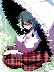 Rule 34 | 1girl, breasts, cleavage, collared shirt, commentary, frilled umbrella, frills, green hair, hair between eyes, highres, jin (mugenjin), kazami yuuka, leaf, leaf background, long sleeves, looking at viewer, parasol, partially unbuttoned, plaid, plaid skirt, red eyes, shirt, short hair, skirt, smile, solo, touhou, umbrella, unmoving pattern, wavy hair