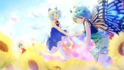 Rule 34 | 3girls, antennae, black dress, black wings, blue bow, blue dress, blue eyes, blue hair, blue wings, bow, breasts, brown eyes, butterfly wings, cirno, dress, eternity larva, fairy, field, flower, flower field, green dress, hair bow, hair ornament, highres, holding hands, ice, ice wings, insect wings, kazami yuuka, leaf hair ornament, motsi x, multiple girls, neck ribbon, pantyhose, puffy short sleeves, puffy sleeves, ribbon, short hair, short sleeves, small breasts, sunflower, sunflower field, touhou, white dress, white pantyhose, wings, yellow flower, yellow wings