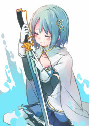Rule 34 | 10s, 1girl, blue hair, breasts, cape, christy mii, closed eyes, crying, fortissimo, gloves, hair ornament, hairclip, magical girl, mahou shoujo madoka magica, mahou shoujo madoka magica (anime), miki sayaka, musical note, musical note hair ornament, short hair, simple background, sitting, skirt, solo, soul gem, sword, weapon, white gloves