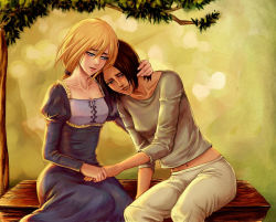 Rule 34 | 2girls, alternate costume, blonde hair, blue dress, krista lenz, cross-laced clothes, daydream24-7, dress, half-closed eyes, holding hands, juliet sleeves, leaning on person, long sleeves, low ponytail, multiple girls, puffy sleeves, shingeki no kyojin, short hair, sitting, tree, ymir (shingeki no kyojin)