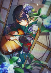 Rule 34 | 1girl, absurdres, bird, black hair, brown eyes, chicken, closed mouth, commentary request, dutch angle, floral print, flower, from above, green kimono, hair flower, hair ornament, highres, huge filesize, hydrangea, indoors, japanese clothes, kimono, kneeling, leaf, original, print kimono, rain, rooster, short hair, shouji, sidelocks, sliding doors, smile, solo, table, tatami, teltelhousi, water drop