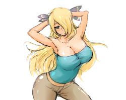 Rule 34 | 1girl, aqua eyes, armpits, arms up, bare shoulders, blonde hair, breasts, cleavage, creatures (company), cynthia (pokemon), female focus, game freak, hair over one eye, huge breasts, long hair, nintendo, nishikun, pokemon, simple background, smile, solo, strapless, white background