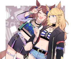 Rule 34 | 2girls, ^ ^, absurdres, animal ears, bandeau, belt, black coat, black skirt, blonde hair, blue eyes, blush, breasts, brown hair, cleavage, clenched hand, closed eyes, closed mouth, coat, collar, crop top, cropped jacket, cutoffs, daebssali, denim, denim shorts, fishnet top, fishnets, gold city (umamusume), highres, horse ears, horse girl, horse tail, jewelry, locked arms, long hair, long sleeves, midriff, multiple girls, navel, necklace, open clothes, open coat, open mouth, pencil skirt, ring, shorts, skirt, small breasts, smile, tail, thigh strap, tosen jordan (umamusume), twintails, umamusume, v, wristband