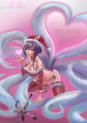 Rule 34 | 1girl, ahri (league of legends), animal ears, bell, bikini, black thighhighs, boots, breasts, brown eyes, character doll, character name, cleavage, collar, detached sleeves, facial mark, fangs, fox ears, fox tail, fufu, fur-trimmed bikini, fur-trimmed boots, fur-trimmed sleeves, fur trim, hat, heart, heart tail, high heel boots, high heels, highres, jinx (league of legends), kitchen knife, kneeling, large breasts, league of legends, merry christmas, midriff, multiple tails, neck bell, open mouth, purple hair, red thighhighs, santa hat, slit pupils, solo, swimsuit, tail, thigh boots, thighhighs, thighhighs under boots, whisker markings