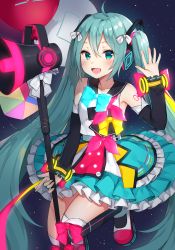 Rule 34 | 1girl, :d, ahoge, arm up, bad id, bad pixiv id, bare shoulders, black sailor collar, black thighhighs, blue bow, blue skirt, blush, bow, canape (canape0130), collarbone, commentary request, detached sleeves, fingernails, green eyes, green hair, hair bow, hair ornament, hatsune miku, headphones, holding, japanese clothes, kimono, long hair, long sleeves, looking at viewer, megaphone, open mouth, over-kneehighs, pink ribbon, pleated skirt, ribbon, sailor collar, shirt, shoes, skirt, sleeves past wrists, smile, solo, thighhighs, twintails, very long hair, vocaloid, white bow, white footwear, white shirt, yellow bow