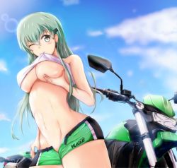Rule 34 | 1girl, alternate costume, bare shoulders, bike shorts, biting, biting clothes, blue sky, breast lift, breasts, clothes writing, cloud, cowboy shot, crop top, day, green eyes, green hair, green shorts, groin, hair between eyes, hair ornament, hairclip, kantai collection, large breasts, long hair, looking at viewer, mable, motor vehicle, motorcycle, navel, outdoors, shiny skin, short shorts, shorts, sidelocks, sky, solo, stomach, suzuya (kancolle), thighs, toned, unbuttoned pants, underboob