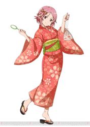 Rule 34 | 10s, 1girl, feet, fish, hair ornament, japanese clothes, kimono, lisbeth (sao), lisbeth (sao-alo), looking at viewer, pink hair, pointy ears, red eyes, red kimono, sash, short hair, simple background, smile, solo, sword art online, sword art online: code register, toes, watermark, white background, yukata