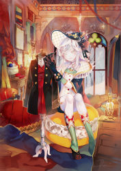 Rule 34 | 1girl, artist name, bad id, bad pixiv id, bare tree, black gloves, clothes hanger, clover, coat, collar, desk, drawer, drawing (object), fori, formal, frilled shirt collar, frills, gloves, hat, horns, indoors, lamp, long hair, needle, open mouth, original, pale skin, pincushion, pointy ears, sewing needle, sitting, smile, snow, solo, spool, suit, thread, tree, white eyes, white hair, white legwear, window, yarn, yarn ball