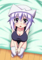 Rule 34 | 1girl, bed, blush, breasts, chikichikibatta, female focus, from above, hat, large breasts, letty whiterock, light purple hair, one-piece swimsuit, purple eyes, school swimsuit, sitting, skindentation, solo, swimsuit, thighhighs, touhou, white thighhighs