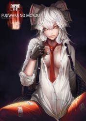 Rule 34 | 1girl, black gloves, bow, breasts, buttons, character name, dantewontdie, english text, fujiwara no mokou, gloves, hair bow, large breasts, lips, long hair, necktie, no bra, orange eyes, pants, parted lips, silver hair, smile, solo, suspenders, tattoo, text focus, touhou, unbuttoned