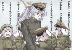 Rule 34 | 5girls, animal ears, bespectacled, bow, buttons, clone, clothes grab, coat, crying, crying with eyes open, double-breasted, epaulettes, glasses, hair bow, hat, long hair, military, military uniform, multiple girls, namasomi, peaked cap, pince-nez, ponytail, purple hair, rabbit ears, red eyes, reisen, short hair, sleeve grab, tears, touhou, translation request, trench coat, uniform, watatsuki no yorihime