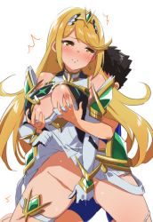 Rule 34 | 1boy, 1girl, armor, ass, bad id, bad pixiv id, blonde hair, blue pants, blue shirt, blush, grabbing another&#039;s breast, breasts, brown hair, cleavage, closed eyes, dress, grabbing, hetero, large breasts, long hair, looking at viewer, mokki, mythra (xenoblade), nintendo, nipples, open mouth, pants, pussy grab, rex (xenoblade), sex, shirt, short hair, shoulder armor, standing, swept bangs, thighs, very long hair, white dress, xenoblade chronicles (series), xenoblade chronicles 2, yellow eyes