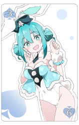 Rule 34 | 1girl, ahoge, animal ears, aqua bow, aqua eyes, aqua necktie, armpit crease, bare shoulders, bicute bunnies miku, blue shirt, blush, border, bow, breasts, bright pupils, card, circle, cleavage, covered navel, detached collar, double bun, dutch angle, ear bow, fake animal ears, frilled cuffs, fur collar, fur cuffs, fur trim, hair between eyes, hair bow, hair bun, hair ornament, hands up, hatsune miku, index finger raised, ixy, leotard, looking at viewer, medium breasts, necktie, nontraditional playboy bunny, open mouth, outline, playing card, rabbit ears, rabbit tail, shirt, sidelocks, simple background, smile, solo, spade (shape), strapless, strapless shirt, tail, thigh gap, vocaloid, white background, white border, white leotard, white outline, white pupils, wrist cuffs