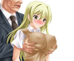 Rule 34 | blonde hair, grabbing another&#039;s breast, breasts, covered erect nipples, formal, grabbing, large breasts, suit, tooi (takun), ugly man, white background