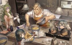 Rule 34 | 2boys, 2girls, aged down, alternate costume, apron, blue eyes, blue hair, book, bowl, brown eyes, brown hair, byleth (female) (fire emblem), byleth (fire emblem), byleth (male) (fire emblem), closed eyes, commentary request, contemporary, cooking, cup, egg, family, father and daughter, father and son, fire emblem, fire emblem: three houses, frying pan, green hair, highres, holding, husband and wife, jeralt reus eisner, korokoro daigorou, long hair, long sleeves, measuring cup, milk carton, mother and daughter, mother and son, multiple boys, multiple girls, nintendo, open book, open mouth, plant, plate, potted plant, scar, scar on face, sink, sitri (fire emblem), sleeves rolled up, whisk, window