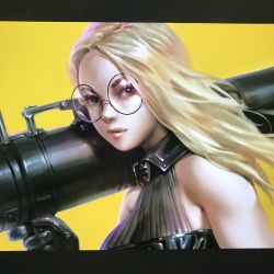 Rule 34 | 1girl, asymmetrical hair, black-framed eyewear, breasts, close-up, commentary, dcwj, dress, english commentary, eyelashes, finger on trigger, forehead, furrowed brow, hair over shoulder, halter dress, halterneck, highres, holding, holding weapon, huge weapon, large breasts, lips, mighty miho, nose, over shoulder, platinum blonde hair, rocket launcher, round eyewear, shiny clothes, solo, tokyo rogue, weapon, weapon over shoulder, yellow background