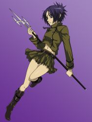 Rule 34 | 1girl, blue eyes, boots, chain, chrome dokuro, eyepatch, full body, gradient background, katekyo hitman reborn!, legs, matching hair/eyes, midriff, navel, pleated skirt, polearm, purple background, purple eyes, purple hair, short hair, simple background, skirt, solo, spear, thighs, trident, weapon