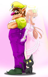 Rule 34 | 1boy, 1girl, back-to-back, black cat, bracelet, brown hair, cat, crossed arms, crown, earrings, elbow gloves, eyebrows, facial hair, ghost, gloves, gradient background, halo, hat, highres, jewelry, long hair, looking at viewer, mario (series), muscular, mustache, nintendo, nose, orange hair, overalls, pointy ears, princess, princess shokora, runner (rannaa), see-through, short hair, simple background, spoilers, thick eyebrows, villain pose, wario, wario land, wario land 4, white gloves