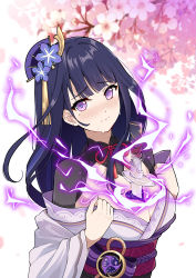 Rule 34 | 1girl, absurdres, between breasts, blunt bangs, blush, branch, breasts, cleavage, electricity, flower, genshin impact, hair flower, hair ornament, heart, highres, human scabbard, large breasts, long hair, long sleeves, looking at viewer, mole, mole on breast, mole under eye, off shoulder, purple eyes, purple hair, raiden shogun, red background, simple background, skying, solo, sweatdrop, sword, tree, upper body, weapon