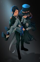 Rule 34 | 2boys, absurdres, angry, black background, black footwear, black hair, black jacket, black necktie, black pants, black suit, blue eyes, blue hair, bow, bowtie, cane, carrying, carrying person, ciel phantomhive, earrings, formal, gradient background, grey pants, hair between eyes, hat, hat bow, highres, holding, holding cane, jacket, jewelry, kodona, kuroshitsuji, light, light particles, lolita fashion, looking at another, looking at viewer, looking up, male focus, multiple boys, necktie, open mouth, pants, red eyes, ribbon, sebastian michaelis, shadow, shirt, suit, top hat, uneasywolf, victorian, white bow, white bowtie, white footwear, white shirt, yellow bow, yellow ribbon
