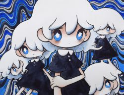 Rule 34 | 5girls, abstract background, artist name, black dress, black eyes, blue eyes, dress, gradient eyes, hair over one eye, highres, looking at viewer, multicolored eyes, multiple girls, original, signature, star-shaped pupils, star (symbol), surreal, symbol-shaped pupils, tears, traditional media, zukky000