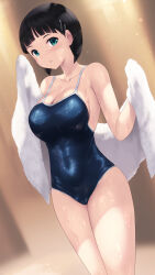 Rule 34 | 1girl, aqua eyes, black one-piece swimsuit, blunt bangs, blurry, blurry background, bob cut, breasts, cait aron, collarbone, commentary request, covered navel, highres, holding, holding towel, kirigaya suguha, large breasts, looking at viewer, one-piece swimsuit, parted lips, school swimsuit, short hair, simple background, solo, swimsuit, sword art online, towel, wet