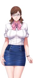 Rule 34 | 1girl, breasts, brown eyes, brown hair, earrings, game cg, glasses, hair ornament, hairclip, happy, jewelry, large breasts, legs, looking at viewer, mihara aika, p/a: potential ability, sei shoujo, short hair, simple background, skirt, smile, solo, standing, thighs, watch, white background, wristwatch