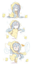 Rule 34 | 1girl, ^ ^, absurdres, bird, blue eyes, blue hair, blush, chibi, chick, chick costume, closed eyes, commentary request, flying sweatdrops, hair between eyes, hatsune miku, heart, highres, hood, hood up, long hair, long sleeves, looking at viewer, multiple views, notice lines, open mouth, simple background, sitting, sleeves past fingers, sleeves past wrists, smile, speech bubble, standing, translation request, vocaloid, white background, xxxx saki